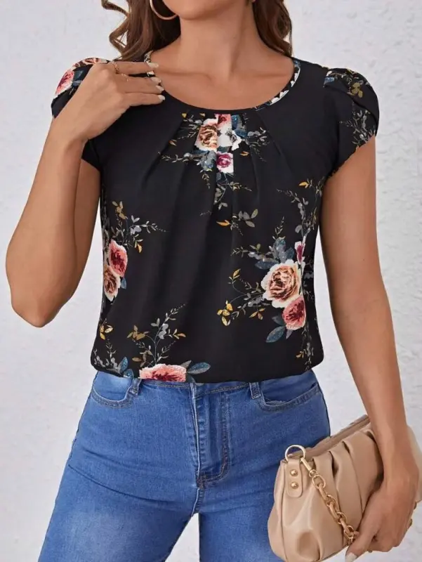 Women's Short Sleeve Crew Neck Floral Print Supima Blouse - 4