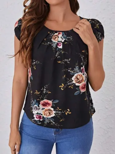 Women's Short Sleeve Crew Neck Floral Print Supima Blouse - 5