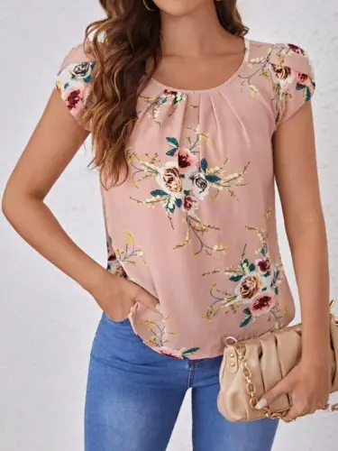 Women's Short Sleeve Crew Neck Floral Print Supreme Blouse - 1
