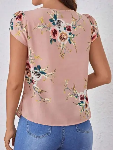Women's Short Sleeve Crew Neck Floral Print Supreme Blouse - BÜYÜKBEDENIZ (1)