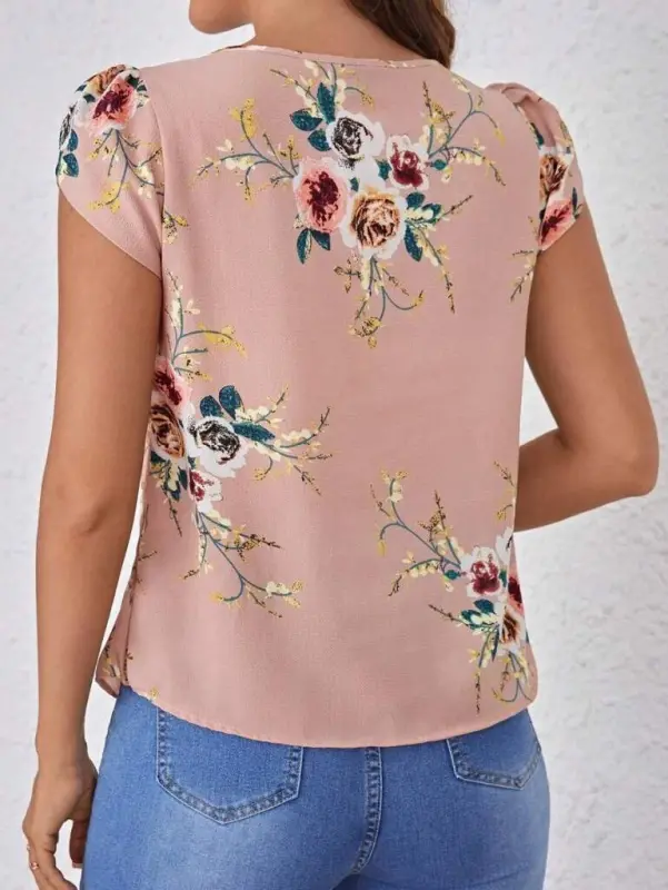 Women's Short Sleeve Crew Neck Floral Print Supreme Blouse - 2