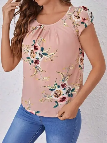 Women's Short Sleeve Crew Neck Floral Print Supreme Blouse - 3