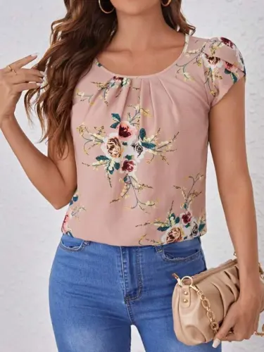 Women's Short Sleeve Crew Neck Floral Print Supreme Blouse - 4