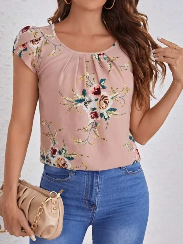 Women's Short Sleeve Crew Neck Floral Print Supreme Blouse - 5