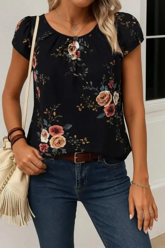 Women's Short Sleeve Crew Neck Floral Print Supreme Blouse - 1