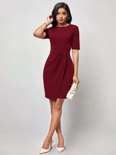 Women's Short Sleeve Crew Neck Front Ruched Mini Imported Crepe Dress - 3