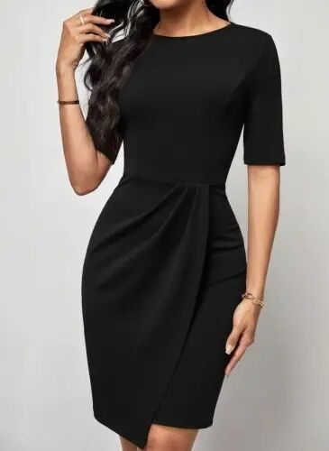 Women's Short Sleeve Crew Neck Front Ruched Mini Imported Crepe Dress - 1