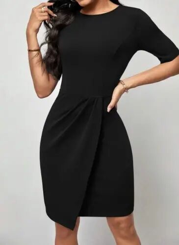 Women's Short Sleeve Crew Neck Front Ruched Mini Imported Crepe Dress - 2