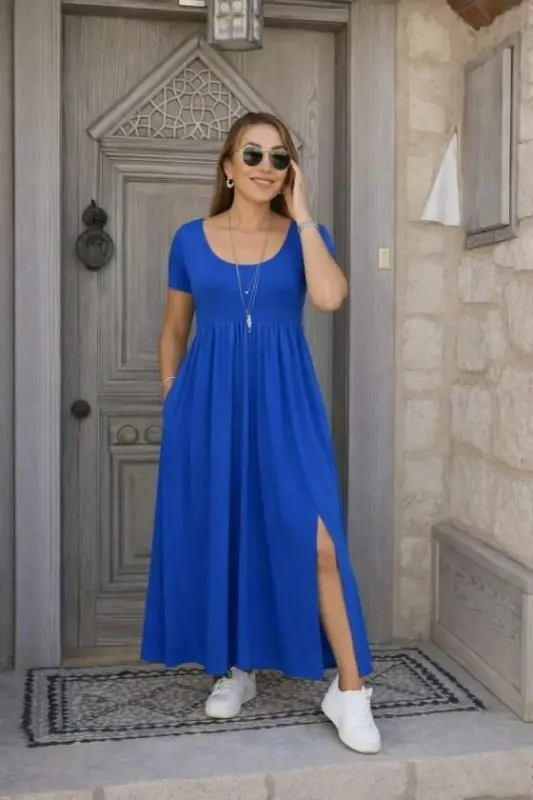 Women's Short Sleeve Crew Neck Front Slit Pocket Viscose Maxi Dress - 1