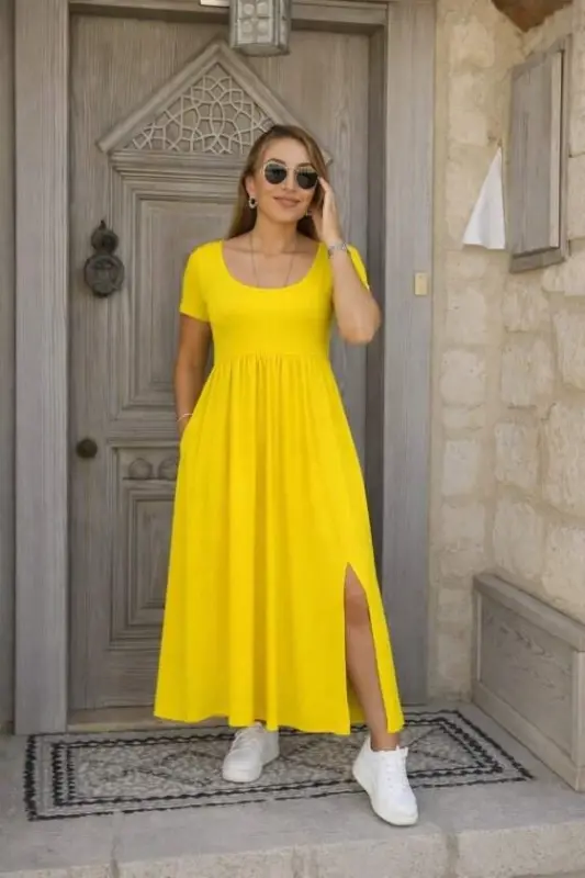 Women's Short Sleeve Crew Neck Front Slit Pocket Viscose Maxi Dress - 1