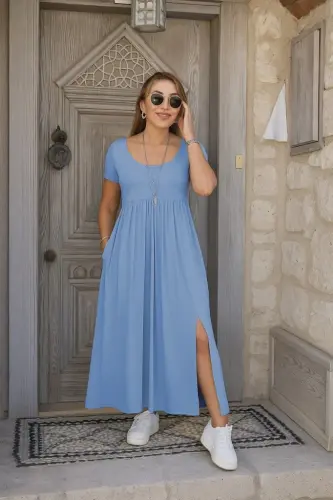 Women's Short Sleeve Crew Neck Front Slit Pocket Viscose Maxi Dress - 1