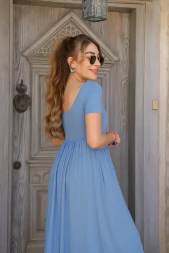 Women's Short Sleeve Crew Neck Front Slit Pocket Viscose Maxi Dress - BÜYÜKBEDENIZ (1)