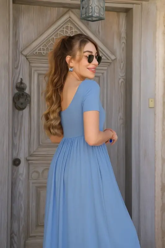 Women's Short Sleeve Crew Neck Front Slit Pocket Viscose Maxi Dress - 2