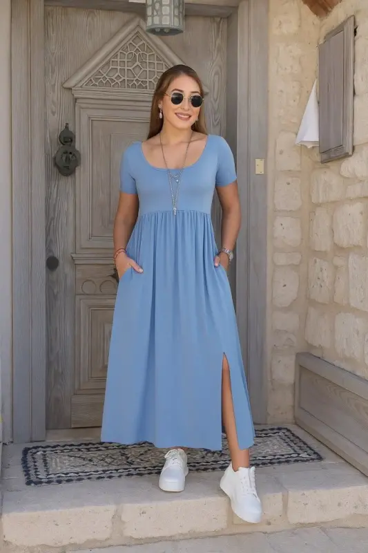 Women's Short Sleeve Crew Neck Front Slit Pocket Viscose Maxi Dress - 3