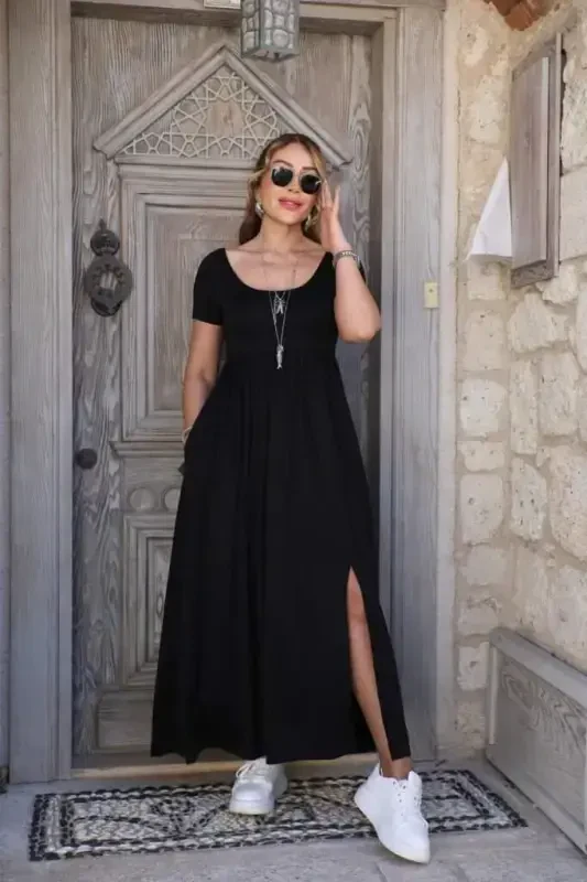 Women's Short Sleeve Crew Neck Front Slit Pocketed Viscose Maxi Dress - 1