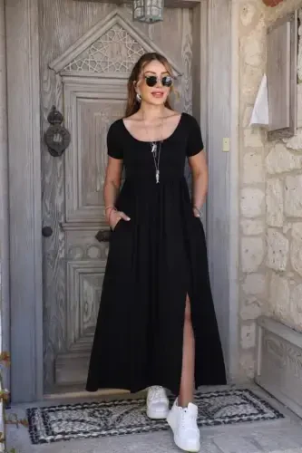 Women's Short Sleeve Crew Neck Front Slit Pocketed Viscose Maxi Dress - 4