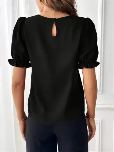 Women's Short Sleeve Crew Neck Guipure Sleeve Imported Crepe Blouse - BÜYÜKBEDENIZ (1)