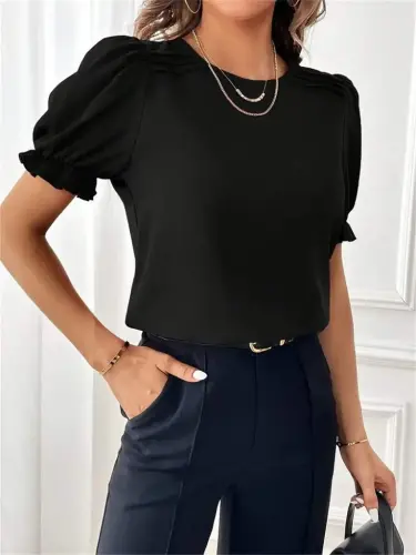 Women's Short Sleeve Crew Neck Guipure Sleeve Imported Crepe Blouse - 4