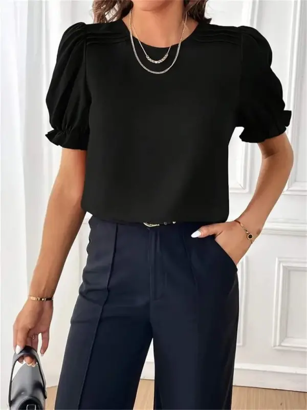 Women's Short Sleeve Crew Neck Guipure Sleeve Imported Crepe Blouse - 5