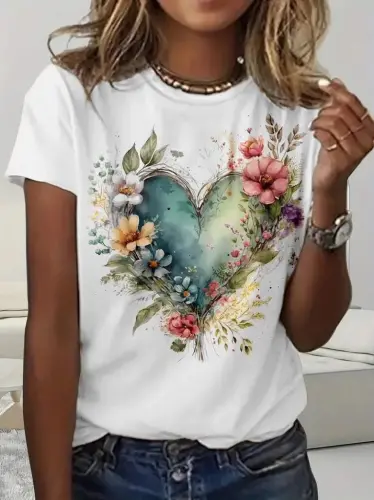 Women's Short Sleeve Crew Neck Heart Patterned Supreme Blouse - 1