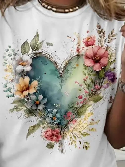 Women's Short Sleeve Crew Neck Heart Patterned Supreme Blouse - 2