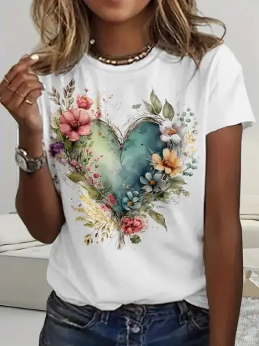Women's Short Sleeve Crew Neck Heart Patterned Supreme Blouse - 3