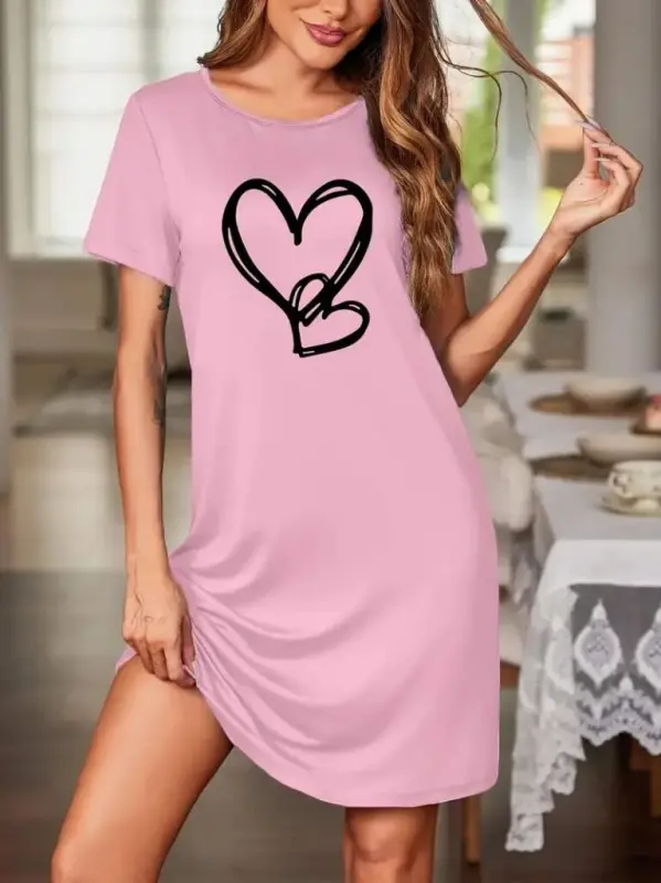 Women's Short Sleeve Crew Neck Heart Patterned Viscose Dress - 1