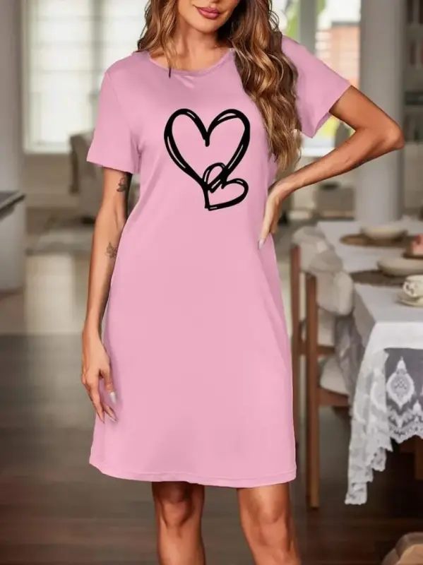 Women's Short Sleeve Crew Neck Heart Patterned Viscose Dress - 2