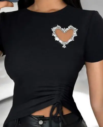 Women's Short Sleeve Crew Neck Heart Stone Detailed Viscose Blouse - BÜYÜKBEDENIZ (1)