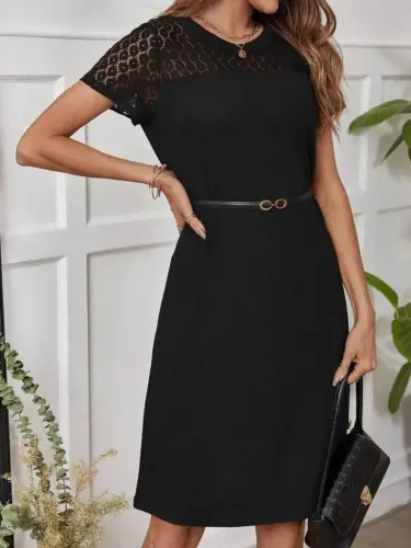 Women's Short Sleeve Crew Neck Lace Detailed Buttoned Modal Dress - 1