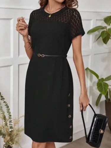Women's Short Sleeve Crew Neck Lace Detailed Buttoned Modal Dress - 2