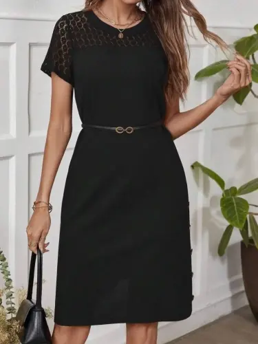 Women's Short Sleeve Crew Neck Lace Detailed Buttoned Modal Dress - 4