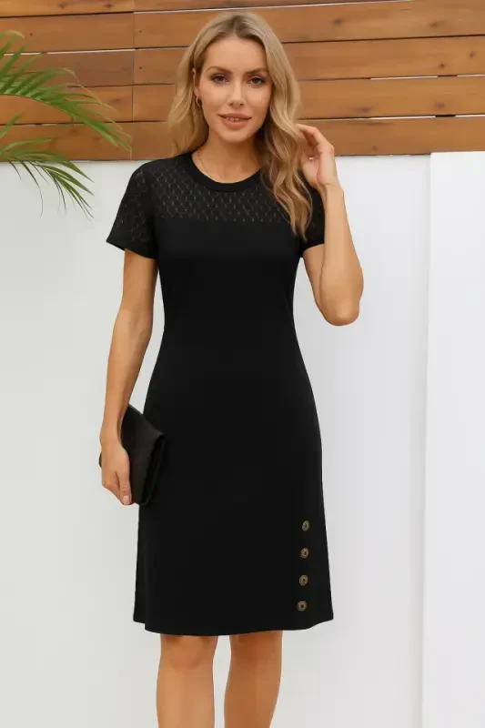 Women's Short Sleeve Crew Neck Lace Detailed Buttoned Modal Dress - BÜYÜKBEDENIZ