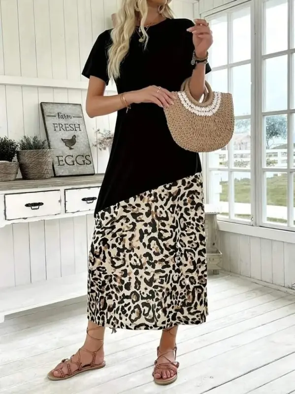 Women's Short Sleeve Crew Neck Leopard Detail Midi Top Viscose Bottom Supreme Dress - 1