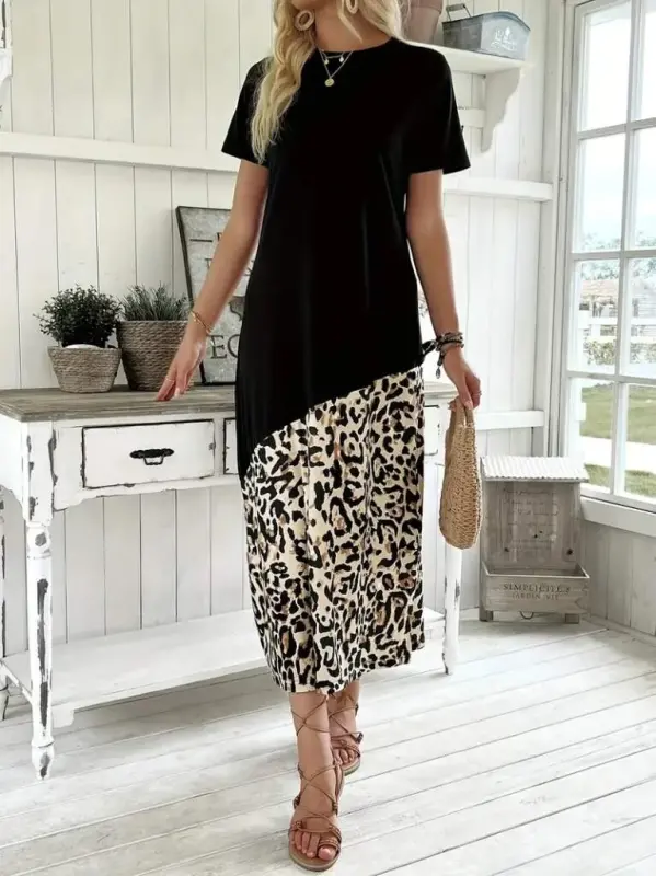 Women's Short Sleeve Crew Neck Leopard Detail Midi Top Viscose Bottom Supreme Dress - 2