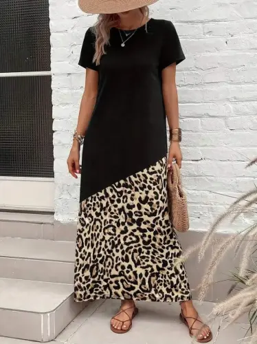 Women's Short Sleeve Crew Neck Leopard Detail Midi Top Viscose Bottom Supreme Dress - 3