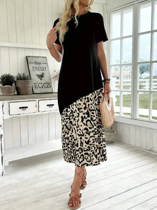 Women's Short Sleeve Crew Neck Leopard Detail Midi Top Viscose Bottom Supreme Dress - 5