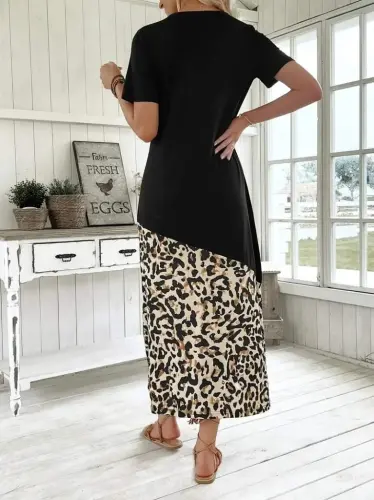 Women's Short Sleeve Crew Neck Leopard Detail Midi Top Viscose Bottom Supreme Dress - 6