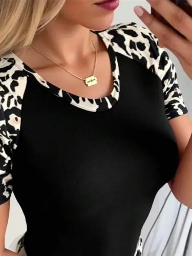 Women's Short Sleeve Crew Neck Leopard Print Viscose Blouse with Striped Detail on Sleeves - 3