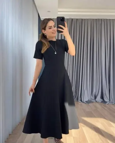 Women's Short Sleeve Crew Neck Maxi Length Imported Crepe Dress - 3