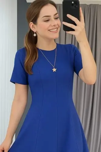 Women's Short Sleeve Crew Neck Maxi Size Imported Crepe Dress - BÜYÜKBEDENIZ (1)