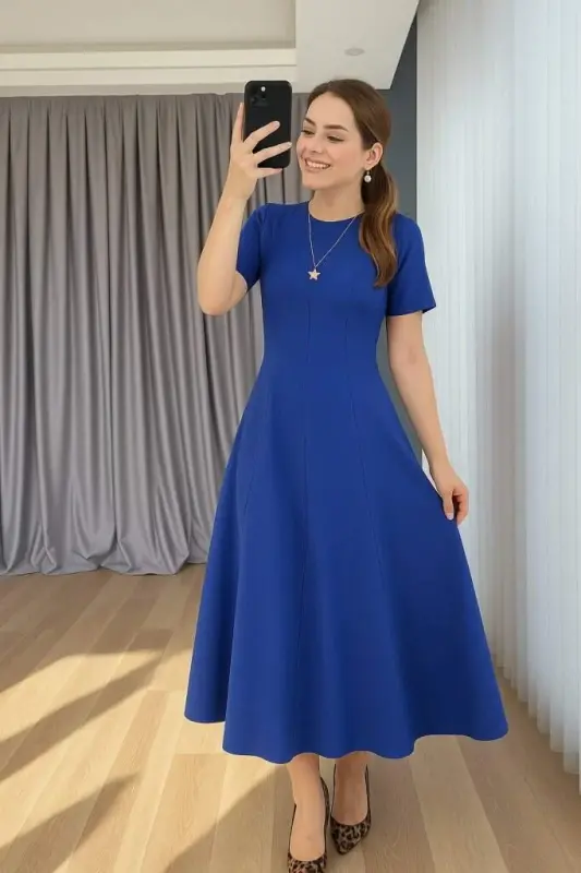 Women's Short Sleeve Crew Neck Maxi Size Imported Crepe Dress - 3