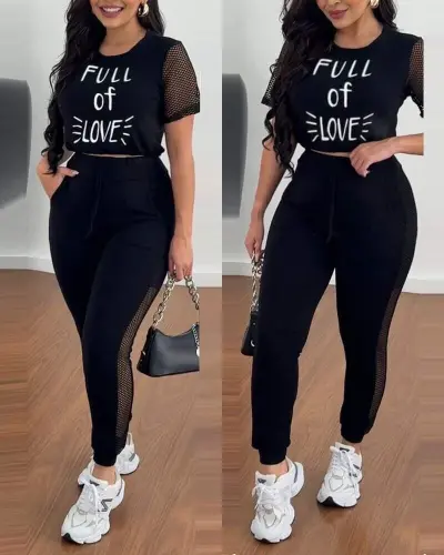 Women's Short Sleeve Crew Neck Mesh Detailed Viscose Two Thread Crop and Sweatpants Set - 1