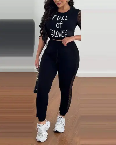 Women's Short Sleeve Crew Neck Mesh Detailed Viscose Two Thread Crop and Sweatpants Set - 3