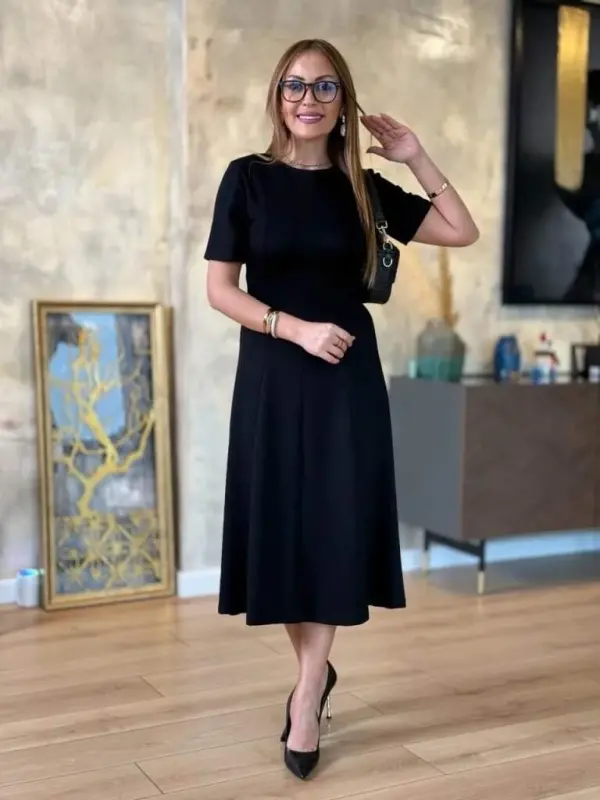 Women's Short Sleeve Crew Neck Midi Viscose Two Thread Dress - 2