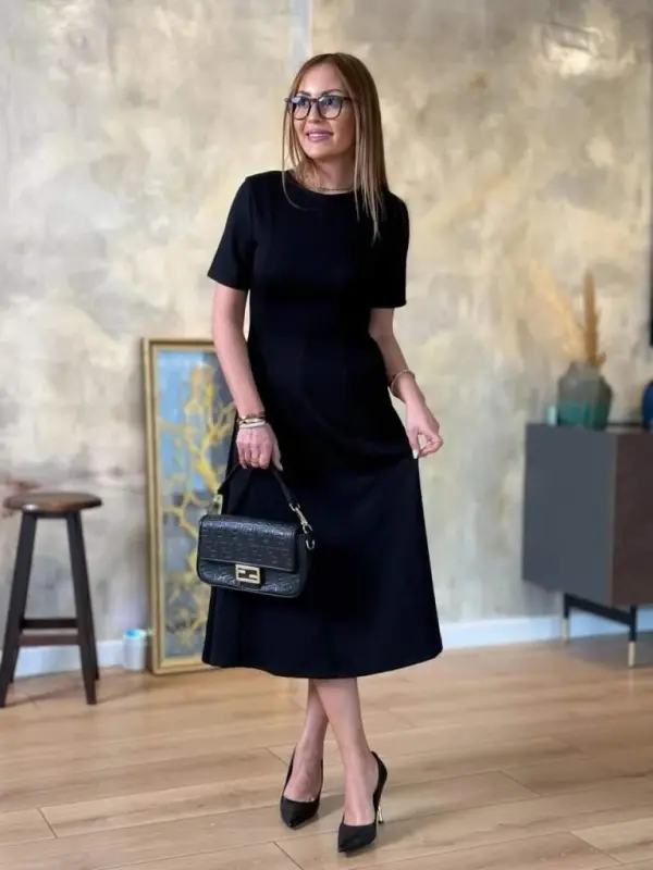 Women's Short Sleeve Crew Neck Midi Viscose Two Thread Dress - 4