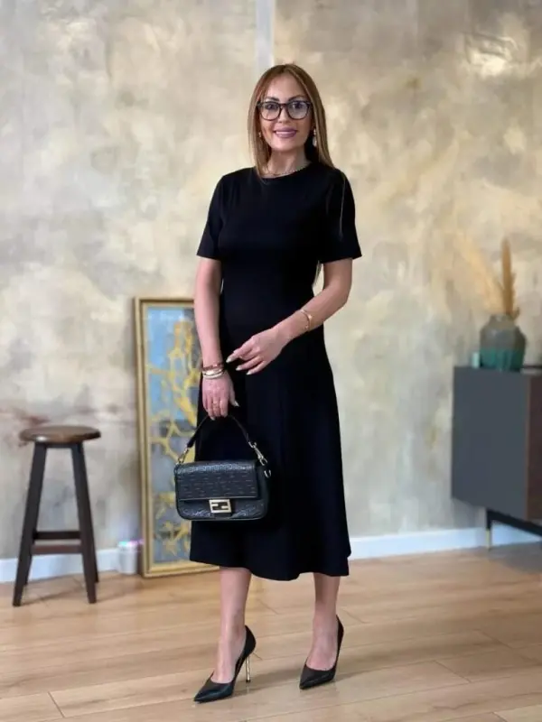 Women's Short Sleeve Crew Neck Midi Viscose Two Thread Dress - 5