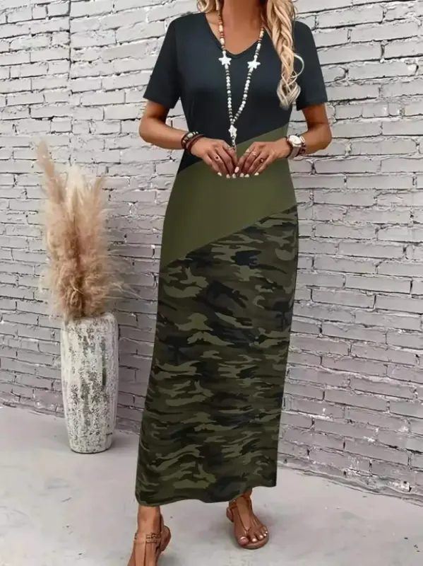 Women's Short Sleeve Crew Neck Multicolor Maxi Viscose Dress - 2