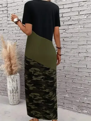 Women's Short Sleeve Crew Neck Multicolor Maxi Viscose Dress - 4