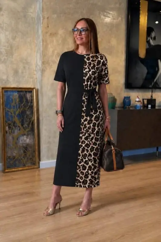 Women's Short Sleeve Crew Neck One Side Leopard Detailed Long Viscose Dress - 1